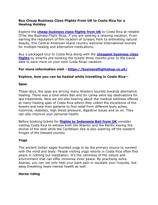 Buy Cheap Business Class Flights From UK to Costa Rica for a Healing Holiday