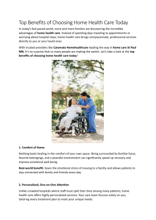 Top Benefits of Choosing Home Health Care Today