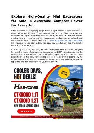 mini excavators for sale in Australia,