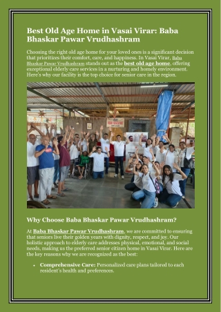 Best Old Age Home in Vasai Virar