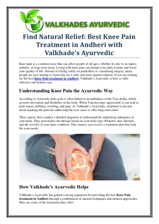 Valkhades Ayurvedic: Trusted Knee Pain Treatment in Andheri