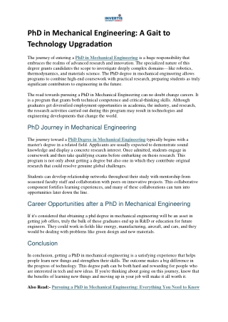 PhD in Mechanical Engineering: A Gait to Technology Upgradation