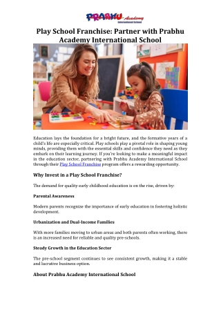 Play School Franchise Partner with Prabhu Academy International School