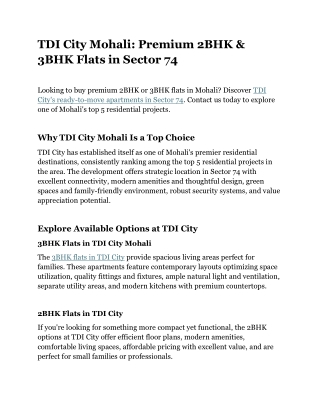 TDI City Mohali: Premium 2BHK & 3BHK Flats in Sector 74
