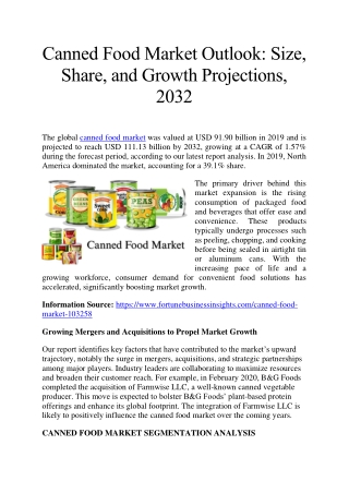 Canned Food Market Forecast: Size, Share, and Growth Potential, 2032