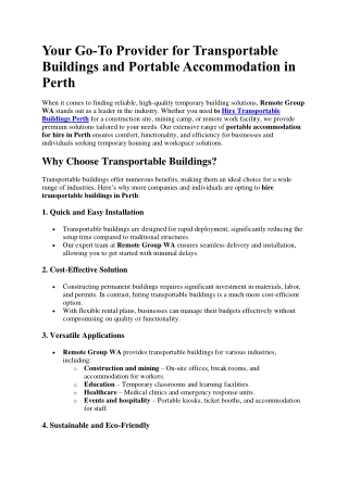 Your Go-To Provider for Transportable Buildings and Portable Accommodation in Perth