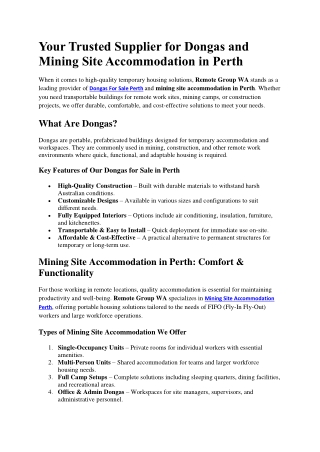 Your Trusted Supplier for Dongas and Mining Site Accommodation in Perth