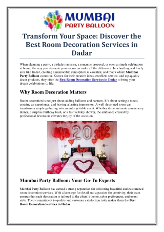 Top Room Decoration Services in Dadar by Mumbai Party Balloon
