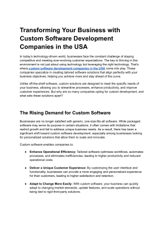 Transforming Your Business with Custom Software Development Companies in the USA