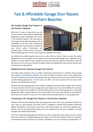 Fast & Affordable Garage Door Repairs Northern Beaches