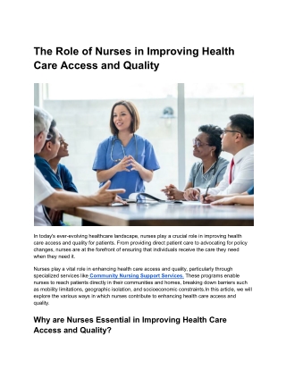 The Role of Nurses in Improving Health Care Access and Quality