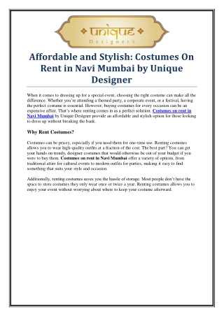 Costumes On Rent in Navi Mumbai - Unique Designer for Every Occasion