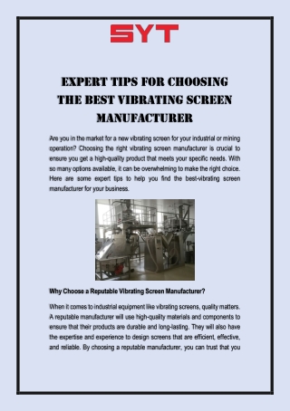 Expert Tips for Choosing the Best Vibrating Screen Manufacturer