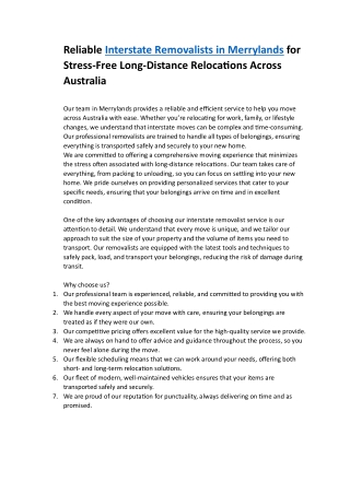 Interstate Removalists in Merrylands for Efficient and Safe Relocation Services