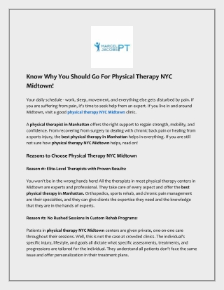 Know Why You Should Go For Physical Therapy NYC Midtown