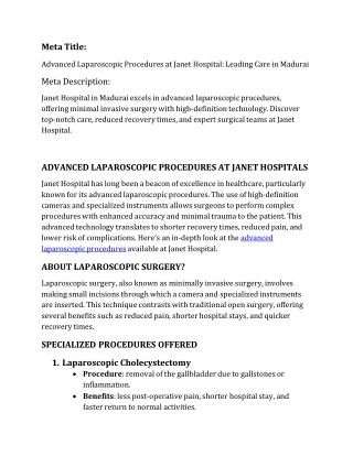 Advanced Laparoscopic Procedures at Janet Hospital Leading Care in Madurai