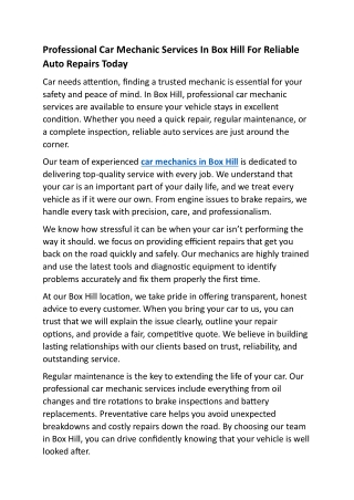 Expert Car Mechanic In Box Hill Offering Quality Repairs And Maintenance Service