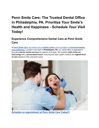 Penn Smile Care_ The Trusted Dental Office in Philadelphia, PA. Prioritize Your Smile’s Health and Happiness - Schedule