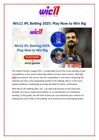 Wic11 IPL Betting 2025: Play Now to Win Big