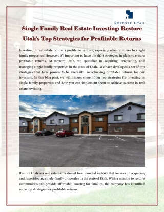 Single Family Real Estate Investing Restore Utah's Top Strategies for Profitable Returns