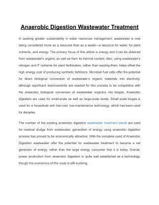 Anaerobic Digestion Wastewater Treatment