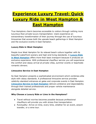 Experience Luxury Travel Quick Luxury Ride in West Hampton & East Hampton