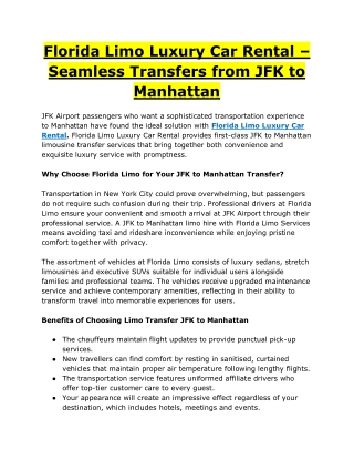 Florida Limo Luxury Car Rental – Seamless Transfers from JFK to Manhattan
