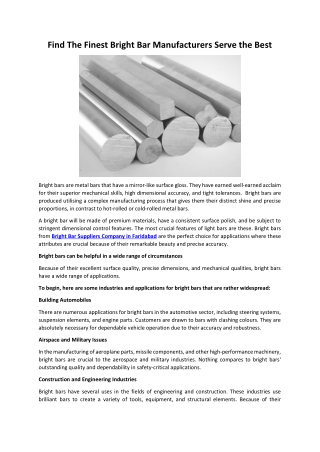 Find The Finest Bright Bar Manufacturers Serve the Best