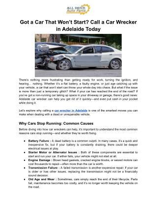 Got a Car That Won’t Start? Call a Car Wrecker in Adelaide Today