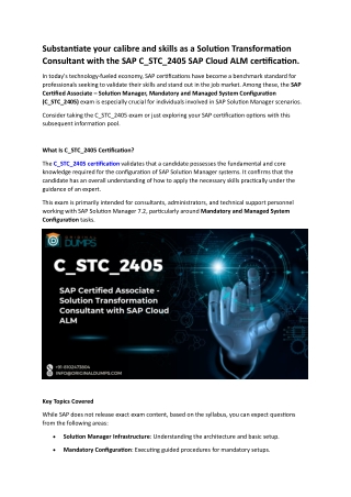 Substantiate your calibre and skills as a Solution Transformation Consultant with the SAP C_STC_2405 SAP Cloud ALM certi