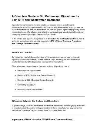 A Complete Guide to Bio Culture and Bioculture for ETP, STP, and Wastewater Treatment