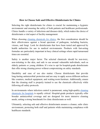 How to Choose Safe and Effective Disinfectants for Clinics