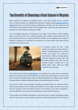 Top Benefits of Choosing a Used Subaru in Virginia