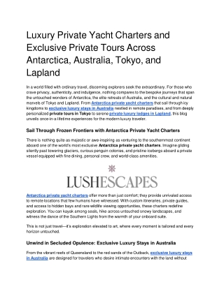 Luxury Private Yacht Charters and Exclusive Private Tours Across Antarctica, Australia, Tokyo, and Lapland