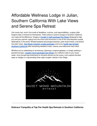 Affordable Wellness Lodge in Julian, Southern California With Lake Views and Serene Spa Retreat