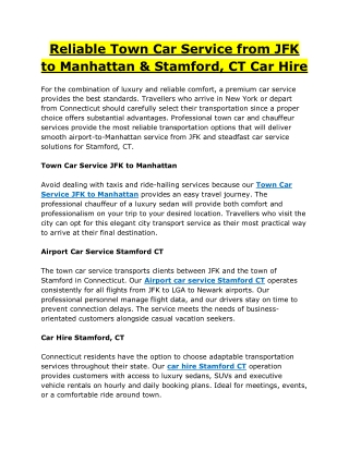 Reliable Town Car Service from JFK to Manhattan & Stamford, CT Car Hire