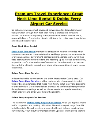 Premium Travel Experience Great Neck Limo Rental & Dobbs Ferry Airport Car Service