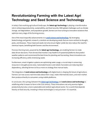 Revolutionizing Farming with the Latest Agri Technology and Seed Science and Technology