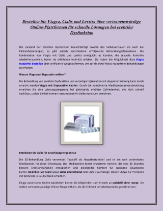 Bestellen Sie Viagra, Cialis und Levitra über vertrauenswürdige Online-Plattform