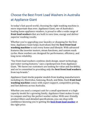 Choose the Best Front Load Washers in Australia at Appliance Giant