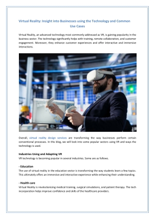 Virtual Reality Insight into Businesses using the Technology and Common Use Cases