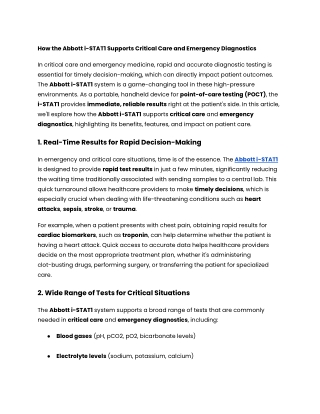 How the Abbott i-STAT1 Supports Critical Care and Emergency Diagnostics