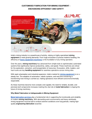 CUSTOMISED FABRICATION FOR MINING EQUIPMENT ENCHANCING EFFICIENCY AND SAFETY