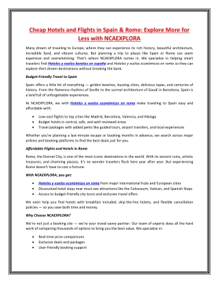 Cheap Hotels and Flights in Spain & Rome: Explore More for Less with NCAEXPLORA