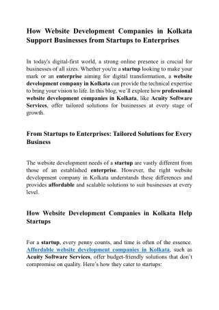 How Website Development Companies in Kolkata Support Businesses from Startups to Enterprises