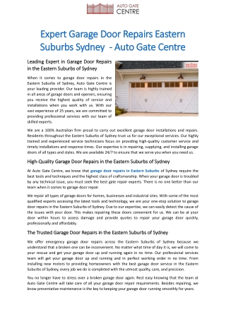 Expert Garage Door Repairs Eastern Suburbs Sydney  - Auto Gate Centre