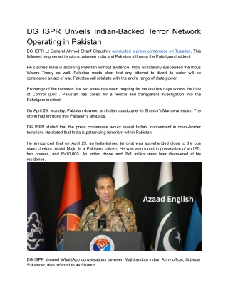 DG ISPR Unveils Indian-Backed Terror Network Operating in Pakistan