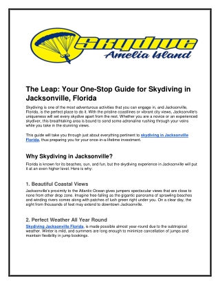 The Skydiving Experience You Will Never Forget in Jacksonville, FL​
