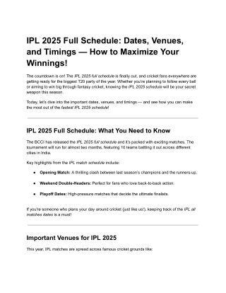 IPL 2025 Full Schedule: Dates, Venues, and Timings — How to Maximize Your Winnin