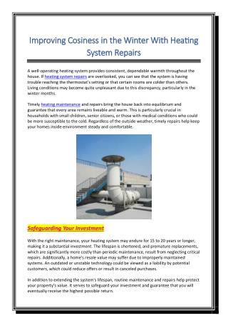 Improving Cosiness in the Winter With Heating System Repairs